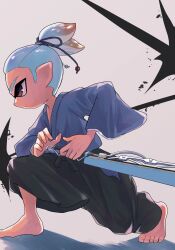 Rule 34 | 1boy, barefoot, black hakama, blue hair, closed mouth, commentary request, dougi, from side, full body, hakama, highres, inkling, inkling boy, inkling player character, japanese clothes, nastar r0, nintendo, red eyes, shadow, short hair, solo, splatana wiper (splatoon), splatoon (series), splatoon 3, sword, weapon, white background