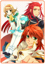 Rule 34 | 00s, 1girl, 2boys, ahoge, asch (tales), ascot, blonde hair, coat, collar, gloves, green eyes, hairband, leaning, long hair, luke fon fabre, multiple boys, natalia luzu kimlasca lanvaldear, red hair, rounded corners, short hair, shuragyoku mami, sidelocks, simple background, skirt, surcoat, tales of (series), tales of the abyss, thighhighs, white thighhighs, yellow ascot