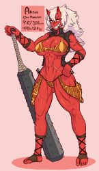 Rule 34 | 1girl, abs, breasts, cleavage, club (weapon), colored skin, demon girl, female focus, highres, horns, kanabou, large breasts, looking at viewer, monster girl, muscular, muscular female, navel, oni, red eyes, red oni, red skin, scar, smile, solo, teeth, tenk, thong, toned, weapon, white hair