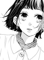 Rule 34 | closed mouth, collared shirt, dutch angle, earrings, eyelashes, furusato kou, greyscale, highres, jewelry, lips, looking to the side, monochrome, original, print shirt, shirt, short hair, simple background, solo, white background