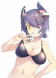 Rule 34 | 10s, 1girl, bikini, bikini top only, black bikini, breasts, cleavage, eyepatch, grin, hair over one eye, halterneck, hand on own hip, headgear, kantai collection, looking at viewer, magenta (atyana), medium breasts, navel, purple hair, short hair, simple background, smile, solo, swimsuit, tenryuu (kancolle), w, white background, yellow eyes