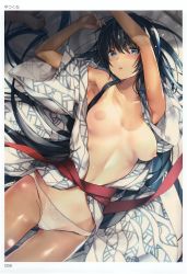 Rule 34 | 1girl, absurdres, armpits, arms up, bare shoulders, black hair, blue eyes, blush, border, breasts, collarbone, groin, hair between eyes, highres, indoors, japanese clothes, kimono, long hair, long sleeves, looking at viewer, lying, nipples, non-web source, obi, off shoulder, on back, one-piece tan, open clothes, open kimono, original, page number, panties, parted lips, sash, scan, sidelocks, small breasts, solo, sweat, taira tsukune, tan, tanline, toranoana, underwear, very long hair, white border, white kimono, white panties, wide sleeves, yukata