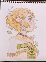 Rule 34 | 1girl, blonde hair, blush, braid, bright pupils, collarbone, commentary request, earrings, eyelashes, falling leaves, grey eyes, highres, jewelry, leaf, necklace, nintendo, oharu-chan, photo (medium), pointy ears, princess zelda, shirt, short hair, sketchbook, solo, the legend of zelda, traditional media, upper body, white pupils, white shirt