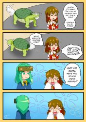 Rule 34 | 4koma, absurdres, ascot, beard, blush, bow, bowtie, brown hair, closed mouth, comic, covering face, crying, detached sleeves, english text, expressionless, facial hair, genjii (touhou), green hair, hair bow, hair tubes, hakurei reimu, highres, holding, jitome, left-to-right manga, long sleeves, mima (touhou), motion lines, neferkitty, no headwear, nose blush, parody, red bow, red vest, shaded face, sidelocks, speech bubble, spongebob squarepants (series), talking, tears, text focus, thick eyebrows, touhou, touhou (pc-98), trembling, upper body, vest, walking away, wide sleeves, wing collar, yellow bow, yellow bowtie