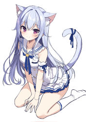 Rule 34 | 1girl, animal ear fluff, animal ears, bare shoulders, between legs, blue bow, bow, breasts, cat ears, cat girl, cat tail, closed mouth, commentary request, dress, grey hair, hair between eyes, hair intakes, hand between legs, long hair, looking at viewer, mauve, no shoes, original, purple eyes, sailor collar, sailor dress, simple background, sitting, sketch, sleeveless, sleeveless dress, small breasts, smile, socks, soles, solo, tail, tail bow, tail ornament, very long hair, wariza, white background, white dress, white sailor collar, white socks