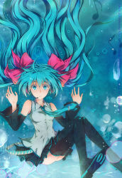 Rule 34 | 1girl, aqua eyes, aqua hair, boots, bubble, detached sleeves, floating hair, hatsune miku, headset, highres, long hair, musical note, necktie, sitting, skirt, solo, thigh boots, thighhighs, twintails, underwater, very long hair, vocaloid, zxs1103