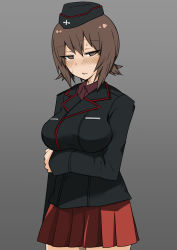 Rule 34 | 1girl, black hat, black jacket, blush, brown eyes, brown hair, commentary, cowboy shot, dress shirt, frown, garrison cap, girls und panzer, grey background, half-closed eyes, hand on own arm, hat, insignia, jacket, kuromorimine military uniform, long sleeves, looking at viewer, military, military hat, military uniform, miniskirt, ngc20701, nishizumi maho, parted lips, pleated skirt, red shirt, red skirt, shirt, short hair, skirt, solo, standing, sweat, uniform, wing collar