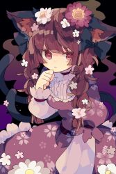 Rule 34 | 1girl, :3, alternate costume, animal ear fluff, animal ears, black bow, blunt bangs, bow, braid, cat ears, cat tail, cherry blossom print, closed mouth, cowboy shot, dress, eyebrows hidden by hair, floral print, flower, forked tail, hair bow, hair flower, hair ornament, hand up, highres, kaenbyou rin, long sleeves, looking at viewer, nekomata, nikorashi-ka, one-hour drawing challenge, pink dress, pink flower, red eyes, red hair, solo, tail, touhou, twin braids, white flower