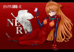 Rule 34 | 00s, 1girl, bad id, bad pixiv id, blue eyes, brown hair, bug, butterfly, copyright name, english text, evangelion: 2.0 you can (not) advance, full body, gradient background, hair over one eye, half-closed eyes, half updo, heiyuen, highres, honeycomb (pattern), honeycomb background, insect, latex, leaning to the side, legs together, letterboxed, long hair, neon genesis evangelion, nerv, plugsuit, rebuild of evangelion, red background, sitting, solo, souryuu asuka langley, very long hair