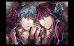 Rule 34 | 2boys, aqua eyes, bad anatomy, bad id, bad pixiv id, blue hair, butterfly hair ornament, butterfly wings, cocoons, hair ornament, hat, headphones, headset, holding hands, insect wings, kaito (vocaloid), kamui gakupo, magnet (vocaloid), male focus, mini hat, mini top hat, multiple boys, nail polish, ponytail, purple hair, smile, top hat, vocaloid, wings, yaoi