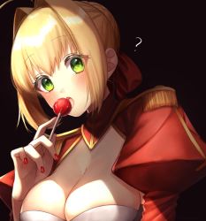 Rule 34 | 1girl, ?, ahoge, black background, blonde hair, blush, breasts, candy, cleavage, epaulettes, eyes visible through hair, fate/extra, fate (series), food, highres, large breasts, licking, lollipop, looking at viewer, nail polish, nero claudius (fate), nero claudius (fate) (all), nero claudius (fate/extra), open mouth, red nails, short hair, simple background, solo, upper body, yayoi maka