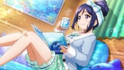 Rule 34 | 1girl, alternate hairstyle, aqua bow, artist name, artist request, bare legs, blue hair, blush, bow, breasts, collarbone, cup, female focus, green pajamas, green shorts, hair between eyes, hair bun, highres, holding, holding cup, long hair, long sleeves, looking at viewer, love live!, love live! school idol festival, love live! school idol festival all stars, love live! sunshine!!, matsuura kanan, pajamas, parted lips, ponytail, purple eyes, shorts, single hair bun, small breasts, smile, solo, sweater