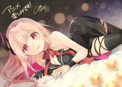 Rule 34 | 1girl, bandaged arm, bandages, black dress, black gloves, black thighhighs, bow, bowtie, breasts, cleavage, dress, engage kiss, gloves, kisara (engage kiss), long hair, looking at viewer, lowres, lying, official art, on stomach, pink hair, red bow, red bowtie, signature, single glove, solo, thighhighs, unohana tsukasa