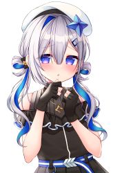 Rule 34 | 1girl, :o, absurdres, amane kanata, amane kanata (work), asymmetrical bangs, bad id, bad pixiv id, bare shoulders, belt, beret, black bow, black gloves, blue belt, blue hair, blush, bow, clothing cutout, colored inner hair, commentary request, dress, eyes visible through hair, gloves, hair between eyes, hair bow, hair ornament, hair rings, hairclip, hands up, hat, head tilt, highres, hololive, jewelry, long hair, looking at viewer, multicolored hair, necklace, o-ring, o-ring belt, official alternate costume, official alternate hairstyle, parted bangs, partially fingerless gloves, pleated dress, purple eyes, shichi (tarakochan-medo), shoulder cutout, sidelocks, silver hair, simple background, single hair intake, sleeveless, sleeveless dress, solo, star (symbol), star necklace, twintails, virtual youtuber, white background, white hat