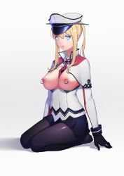 Rule 34 | 10s, 1girl, absurdres, bad id, bad pixiv id, between breasts, black pantyhose, blonde hair, blue eyes, breasts, breasts out, capelet, female focus, gloves, graf zeppelin (kancolle), hat, highres, kantai collection, large breasts, long hair, looking at viewer, miniskirt, musee, necktie, necktie between breasts, nipple piercing, nipple rings, nipples, pantyhose, peaked cap, piercing, seiza, sidelocks, sitting, skirt, solo, twintails, uniform