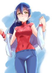 Rule 34 | 10s, 1girl, blue hair, blue pants, commentary request, covered navel, cowboy shot, hair between eyes, jacket, long hair, love live!, love live! school idol festival, love live! school idol project, navel, open clothes, open jacket, pants, red shirt, shirt, short sleeves, simple background, solo, sonoda umi, standing, sweat, track jacket, undressing, urutsu sahari, wristband, yellow eyes