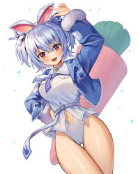 Rule 34 | 1girl, :d, absurdres, adapted costume, animal ears, arm up, bad id, bad pixiv id, belt, blue hair, blue jacket, blue neckerchief, blue ribbon, blush, breast pocket, brown eyes, cameltoe, carrot, clothing cutout, collar, commentary, cowboy shot, crossed bangs, denim, denim jacket, dutch angle, from below, fur-trimmed jacket, fur trim, hair ribbon, highres, hololive, index finger raised, jacket, leotard, long sleeves, looking at viewer, navel, navel cutout, neckerchief, obu (da1103ll), official alternate costume, open clothes, open jacket, open mouth, pocket, purple ribbon, rabbit-shaped pupils, rabbit ears, rabbit girl, revision, ribbon, sailor collar, shiny skin, short eyebrows, short hair, sidelocks, smile, solo, standing, symbol-shaped pupils, thick eyebrows, thigh gap, thighs, two side up, unbuttoned, usada pekora, usada pekora (casual), virtual youtuber, white background, white belt, white collar, white leotard, white sailor collar