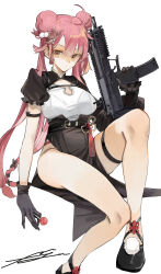 Rule 34 | 1girl, aaoshigatoutoi, absurdres, ahoge, belt, black footwear, black gloves, breasts, candy, chinese clothes, commentary, commission, double bun, food, foot out of frame, girls&#039; frontline, gloves, gun, h&amp;k mp7, hair bun, highres, holding, holding candy, holding food, holding gun, holding lollipop, holding weapon, legs, lollipop, long hair, medium breasts, mp7 (fall of the stars) (girls&#039; frontline), mp7 (girls&#039; frontline), official alternate costume, personal defense weapon, pink hair, short sleeves, simple background, sitting, skeb commission, solo, submachine gun, weapon, white background, yellow eyes