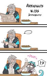 Rule 34 | !?, ..., 2boys, 3koma, arknights, beard, black gloves, black jacket, blue hair, bowl, chair, collared shirt, comic, commentary, cookie, copyright name, desk, doctor (arknights), dress shirt, english commentary, english text, ethan (arknights), facial hair, food, gloves, goggles, goggles on head, grey hair, grey shirt, guin guin, highres, holding, holding newspaper, hood, hood down, hooded jacket, jacket, male doctor (arknights), male focus, multiple boys, mustache, newspaper, old man (guin guin), on chair, open clothes, open jacket, pointy ears, rolled up newspaper, shirt, spoken ellipsis, spoken interrobang, tail