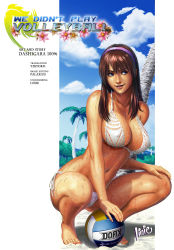 Rule 34 | 1girl, ball, barefoot, beach, bikini, blue eyes, breasts, covered erect nipples, day, dead or alive, dead or alive xtreme, english text, eyebrows, grin, hairband, highres, hitomi (doa), holding, holding ball, large breasts, linie, lips, long hair, navel, nose, side-tie bikini bottom, smile, solo, squatting, swimsuit, toes, volleyball (object), wet, white bikini