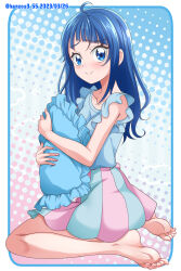 Rule 34 | 1girl, alternate hairstyle, aqua skirt, bare legs, barefoot, blue border, blue eyes, blue hair, blue shirt, blush, border, closed mouth, commentary, cut bangs, dated, from side, hair down, hanzou, highres, hirogaru sky! precure, holding, holding pillow, long hair, looking at viewer, multicolored clothes, multicolored skirt, pajamas, pillow, precure, purple skirt, rounded corners, shirt, sitting, skirt, sleeveless, sleeveless shirt, smile, soles, solo, sora harewataru, toes, twitter username, wariza