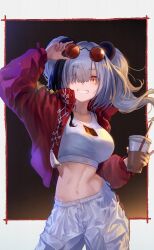 Rule 34 | 1girl, ;), absurdres, animal ears, arknights, arm up, black background, border, breasts, bubble tea, commentary request, contrapposto, cowboy shot, cup, disposable cup, eyewear on head, feater (arknights), feater (gourmet) (arknights), grey hair, grin, hair over one eye, highres, holding, holding cup, jacket, linea alba, long hair, looking at viewer, medium breasts, midriff, navel, official alternate costume, one eye closed, open clothes, open jacket, outside border, panda ears, pants, red jacket, round eyewear, smile, solo, sports bra, standing, stomach, sunglasses, twintails, twisted torso, white pants, white sports bra, yasu (segawahiroyasu), yellow eyes