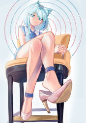 Rule 34 | 1girl, animal ears, ankle lace-up, ankle ribbon, ankle strap, arknights, blue dress, blue eyes, blue hair, blue ribbon, cross-laced footwear, crossed legs, dated, dress, frilled dress, frills, high heels, highres, kal&#039;tsit (arknights), leg ribbon, legs, ribbon, shoe dangle, shoe soles, short hair, signature, sitting, thighs, user wjdx2532