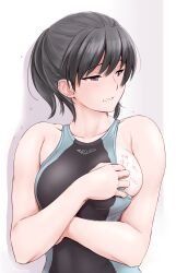 Rule 34 | 1girl, absurdres, amagami, black eyes, black hair, blush, breasts, cleavage, clothes pull, commentary request, competition swimsuit, highres, long hair, looking at viewer, medium breasts, nervous, one-piece swimsuit, one-piece swimsuit pull, ponytail, sasaki akira (ugc), shaking, simple background, skindentation, solo, swimsuit, tan, tanline, translation request, tsukahara hibiki, white background