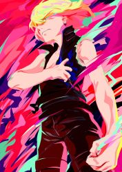 Rule 34 | 1boy, absurdres, bare shoulders, blonde hair, colorful, earrings, fire, green fire, highres, jewelry, lio fotia, male focus, multicolored fire, promare, purple fire, red fire, short hair, solo, tears, vest, white2013