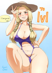 Rule 34 | 1girl, areola slip, belly, blonde hair, blush, breasts, brown eyes, cleavage, curvy, grin, hand on own hip, hat, highres, large breasts, leg lift, lips, long hair, looking at viewer, navel, otoi rekomaru, plump, smile, solo, straw hat, thick thighs, thighs, wide hips