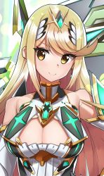 Rule 34 | 1girl, blonde hair, breasts, cleavage, cleavage cutout, clothing cutout, commentary request, earrings, elbow gloves, gem, gloves, glowing, grey background, hair ornament, headpiece, highres, holding, holding sword, holding weapon, jewelry, large breasts, long hair, looking at viewer, mythra (xenoblade), nakazou2000, nintendo, simple background, smile, solo, swept bangs, sword, tiara, upper body, very long hair, weapon, xenoblade chronicles (series), xenoblade chronicles 2, yellow eyes