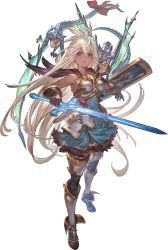 Rule 34 | 1girl, absurdres, armor, armored boots, armored dress, boots, breastplate, breasts, dark skin, dragon, energy sword, gloves, granblue fantasy, granblue fantasy versus, greaves, highres, long hair, medium breasts, minaba hideo, official art, red eyes, shield, skirt, sword, very long hair, weapon, white hair, zooey (granblue fantasy)