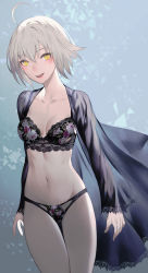 Rule 34 | 1girl, ahoge, blonde hair, blush, bra, breasts, cleavage, collarbone, fate/grand order, fate (series), floral print, groin, highres, jeanne d&#039;arc (fate), jeanne d&#039;arc alter (avenger) (fate), jeanne d&#039;arc alter (fate), lace, lace-trimmed bra, lace-trimmed panties, lace trim, lingerie, looking at viewer, medium breasts, navel, open clothes, open robe, panties, robe, salmon88, short hair, smile, solo, stomach, underwear, yellow eyes