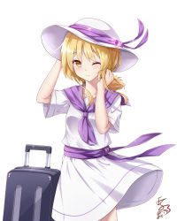 Rule 34 | 1girl, absurdres, blonde hair, closed mouth, commentary request, feng ling (fenglingwulukong), hand in own hair, hand on headwear, hat, highres, louise (touhou), low twintails, medium hair, neckerchief, one eye closed, purple neckerchief, purple ribbon, purple sailor collar, purple sash, ribbon, sailor collar, sash, shirt, short sleeves, simple background, smile, suitcase, sun hat, touhou, touhou (pc-98), twintails, white background, white hat, white shirt, yellow eyes