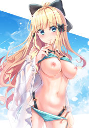 Rule 34 | 1girl, absurdres, ahoge, bikini, bikini top lift, black bow, blonde hair, blue bikini, blue eyes, bow, breasts, clothes lift, elf, finger to mouth, hair bow, hair ornament, highres, holmemee, large breasts, layered bikini, long hair, looking at viewer, navel, nipples, panties, panty pull, pointy ears, princess connect!, saren (princess connect!), saren (summer) (princess connect!), see-through, smile, solo, stomach, swimsuit, underwear