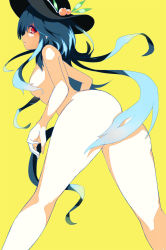 Rule 34 | 1girl, ass, blue hair, breasts, chiruru96, commentary request, convenient censoring, food, fruit, hat, highres, hinanawi tenshi, legs apart, long hair, looking at viewer, looking back, medium breasts, nude, parted lips, peach, profile, red eyes, simple background, solo, standing, touhou, very long hair, yellow background