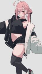 Rule 34 | 1girl, absurdres, ahoge, black jacket, black shorts, black tank top, black thighhighs, blush, bow, breasts, dot nose, double bun, frayed shorts, full body, hair behind ear, hair bow, hair bun, highres, jacket, jewelry, leg up, legs, long bangs, looking at viewer, luvluvvox, midriff, navel, necklace, nike (company), off shoulder, open clothes, open jacket, open mouth, original, outstretched arms, pink eyes, pink hair, short shorts, shorts, sidelocks, simple background, single off shoulder, small breasts, solo, standing, tank top, teeth, thighhighs, thighs, twintails, unzipped, white background, white jacket