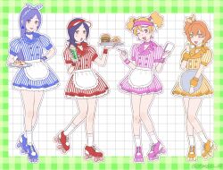 4girls aono_miki apron blue_dress blue_eyes blue_hair brown_eyes brown_hair burger carhop cheesecake donut dress food fresh_precure! full_body hair_ribbon higashi_setsuna highres holding holding_tray long_hair medium_hair milkshake momozono_love multiple_girls one_eye_closed otoroshi_68 pink_dress precure purple_hair red_dress ribbon roller_skates short_hair skates striped_clothes striped_dress tray vertical-striped_clothes vertical-striped_dress visor_cap waist_apron waitress yamabuki_inori yellow_dress