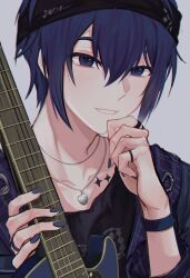 Rule 34 | 1boy, absurdres, blue eyes, blue hair, blue nails, commentary, dark blue hair, electric guitar, fingernails, guitar, hair between eyes, hairband, hands up, highres, holding, holding instrument, instrument, jewelry, kaito (vocaloid), korean commentary, leo/need (project sekai), leo/need kaito, lomo (81159), long sleeves, male focus, necklace, official alternate costume, project sekai, ring, short hair, smile, solo, star (symbol), tattoo, teeth, vocaloid