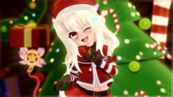 blonde_hair blurry child christmas depth_of_field fate/kaleid_liner_prisma_illya fate_(series) gs-mantis hat highres illyasviel_von_einzbern magical_girl navel one_eye_closed red_eyes santa_hat wink