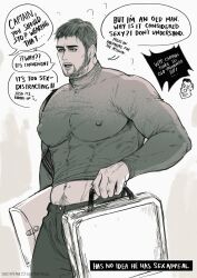 Rule 34 | 1boy, absurdres, artist name, bara, briefcase, chibi, chibi inset, chris redfield, covered erect nipples, english text, facial hair, greyscale, highres, holding, holding briefcase, large pectorals, male focus, midriff peek, monochrome, muscular, muscular male, navel, pants, pectorals, piers nivans, resident evil, resident evil 6, shejiyeah, shirt, short hair, solo