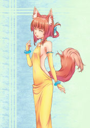 Rule 34 | 1girl, animal ears, backless dress, backless outfit, bad id, bad pixiv id, bare shoulders, bracelet, breasts, bridal gauntlets, brown hair, dress, enja niuhali, closed eyes, folded ponytail, fox ears, fox tail, gloves, halterneck, jewelry, kawagoe pochi, lotte no omocha!, navel, sideboob, small breasts, smile, solo, tail, yellow dress, yellow gloves