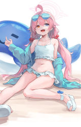 Rule 34 | 1girl, :d, ahoge, bikini, blue archive, blue eyes, buoy, eyewear on head, fang, frilled bikini, frills, green jacket, hair bobbles, hair ornament, heterochromia, highres, hoshino (blue archive), jacket, long hair, looking at viewer, makihitsuji, navel, open clothes, open jacket, open mouth, pink hair, platform footwear, sandals, sitting, skin fang, smile, solo, swimsuit, thighs, twintails, whale, white background, white bikini, white footwear, yellow eyes