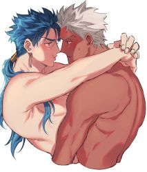 Rule 34 | 2boys, archer (fate), arms around neck, blue hair, brown eyes, couple, cropped torso, cu chulainn (fate), dark skin, dark-skinned male, earrings, fate/grand order, fate/stay night, fate (series), jewelry, cu chulainn (fate/stay night), long hair, male focus, multiple boys, muscular, ponytail, pout, red eyes, topless male, sweatdrop, tarako (kubo315), toned, toned male, white background, white hair, yaoi