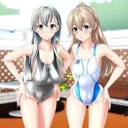 Rule 34 | 2girls, absurdres, beach umbrella, clothes writing, competition swimsuit, cowboy shot, fence, green eyes, grey one-piece swimsuit, hair ornament, hairclip, hands on own hips, highres, kantai collection, kumano (kancolle), leaning forward, long hair, looking at viewer, multicolored clothes, multicolored swimsuit, multiple girls, one-piece swimsuit, silver hair, suzuya (kancolle), swimsuit, table, takafumi, umbrella, white one-piece swimsuit