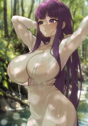 Rule 34 | 1girl, ai-assisted, areola slip, arms behind head, b project 18, blunt bangs, breasts, buttons, cleavage, closed mouth, collarbone, commentary, covered navel, dappled sunlight, dress, fern (sousou no frieren), highres, inverted nipples, large breasts, long dress, long hair, looking ahead, outdoors, paid reward available, partially unbuttoned, purple eyes, purple hair, river, riverbank, see-through, see-through dress, sidelocks, solo, sousou no frieren, straight hair, sunlight, wet, wet clothes, wet dress, white dress