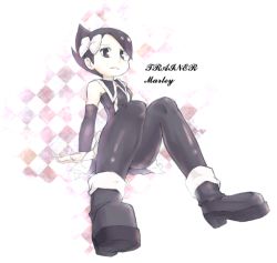 Rule 34 | 1girl, :&lt;, ankle boots, arm support, arm warmers, bad id, bad pixiv id, bare shoulders, black eyes, black footwear, black hair, black pantyhose, boots, bow, character name, closed mouth, creatures (company), detached collar, eyebrows, frown, game freak, gothic lolita, hair bow, lolita fashion, marley (pokemon), nintendo, nyonn24, pantyhose, platform boots, platform footwear, pokemon, pokemon dppt, short hair, sitting, solo, text focus, white bow