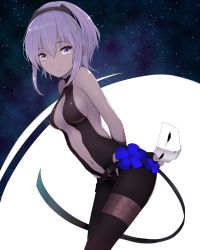 Rule 34 | 1girl, arms behind back, backless outfit, black gloves, black legwear, breasts, dark-skinned female, dark skin, fate/prototype, fate/prototype: fragments of blue and silver, fate (series), fingerless gloves, gloves, hair between eyes, hairband, hassan of serenity (fate), highres, holding, kiyomin, leaning forward, leotard, looking at viewer, mask, medium breasts, navel, purple eyes, purple hair, shiny skin, short hair, smile, solo