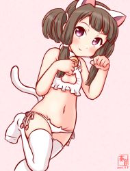 Rule 34 | 1girl, alternate costume, animal ears, artist logo, black hair, bra, cat cutout, cat ear panties, cat ears, cat lingerie, cat tail, cleavage cutout, clothing cutout, commentary request, dated, flat chest, frilled bra, frills, groin, kanon (kurogane knights), kantai collection, kurahashi (kancolle), lowleg, lowleg panties, medium hair, meme attire, one-hour drawing challenge, panties, paw pose, pink background, red eyes, side-tie panties, simple background, solo, tail, thighhighs, twintails, underwear, white bra, white panties, white thighhighs