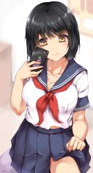 Rule 34 | 1girl, absurdres, bedroom, black hair, blush, breasts, closed mouth, clothes lift, collarbone, highres, idolmaster, idolmaster cinderella girls, indoors, large breasts, lifted by self, neckerchief, paopao, pleated skirt, red neckerchief, sailor collar, school uniform, selfie, serafuku, short hair, short sleeves, skirt, skirt lift, smile, solo, takafuji kako, thighs, yellow eyes